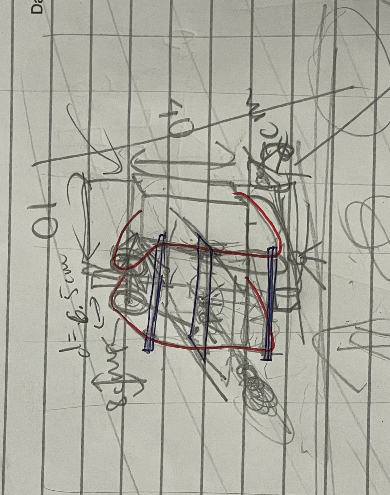 Pencil sketch of the duster robot, with the pulley and shelf heights marked in red and blue
