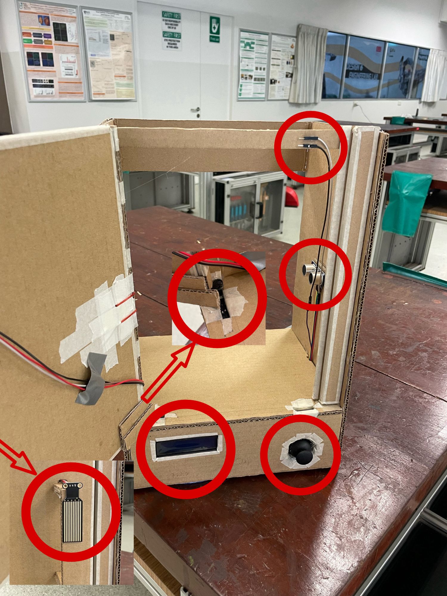 The cardboard gate opened up, with the sensors circled in red: wires at the top of the frame, an ultrasonic sensor on the side, a servo inside the frame, an LCD screen and a joystick on the base, and a touch sensor on the handle