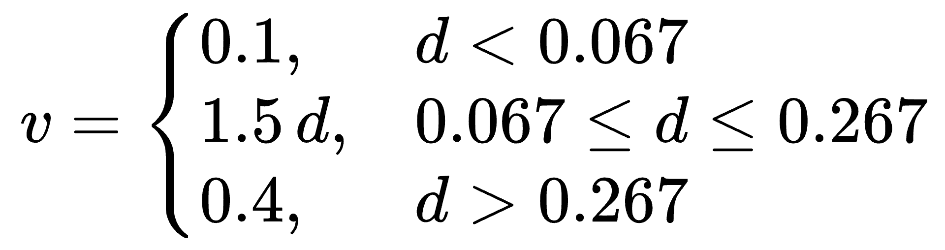 Forward speed equation: 0.1 m/s below 0.067 m, 1.5 times the distance up to 0.267 m, and 0.4 m/s beyond that