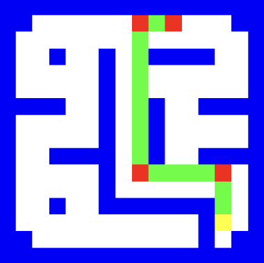 Maze grid with a green route to the same goal using fewer turns