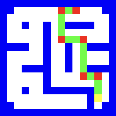 Maze grid with a green route that zig-zags through several turns